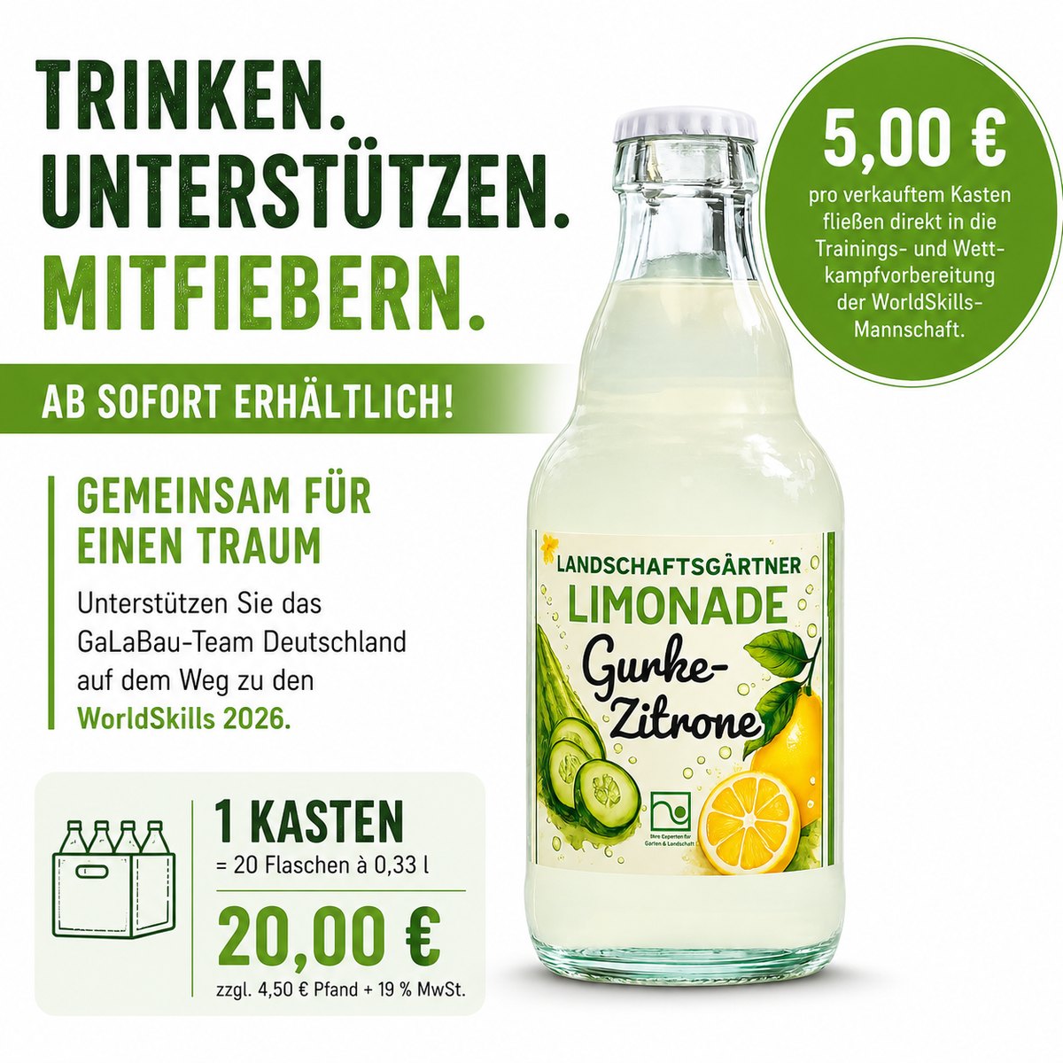 Landschaftsgärtner-Limonade Gurke-Zitrone – 5 Euro pro Kasten für die WorldSkills-Vorbereitung